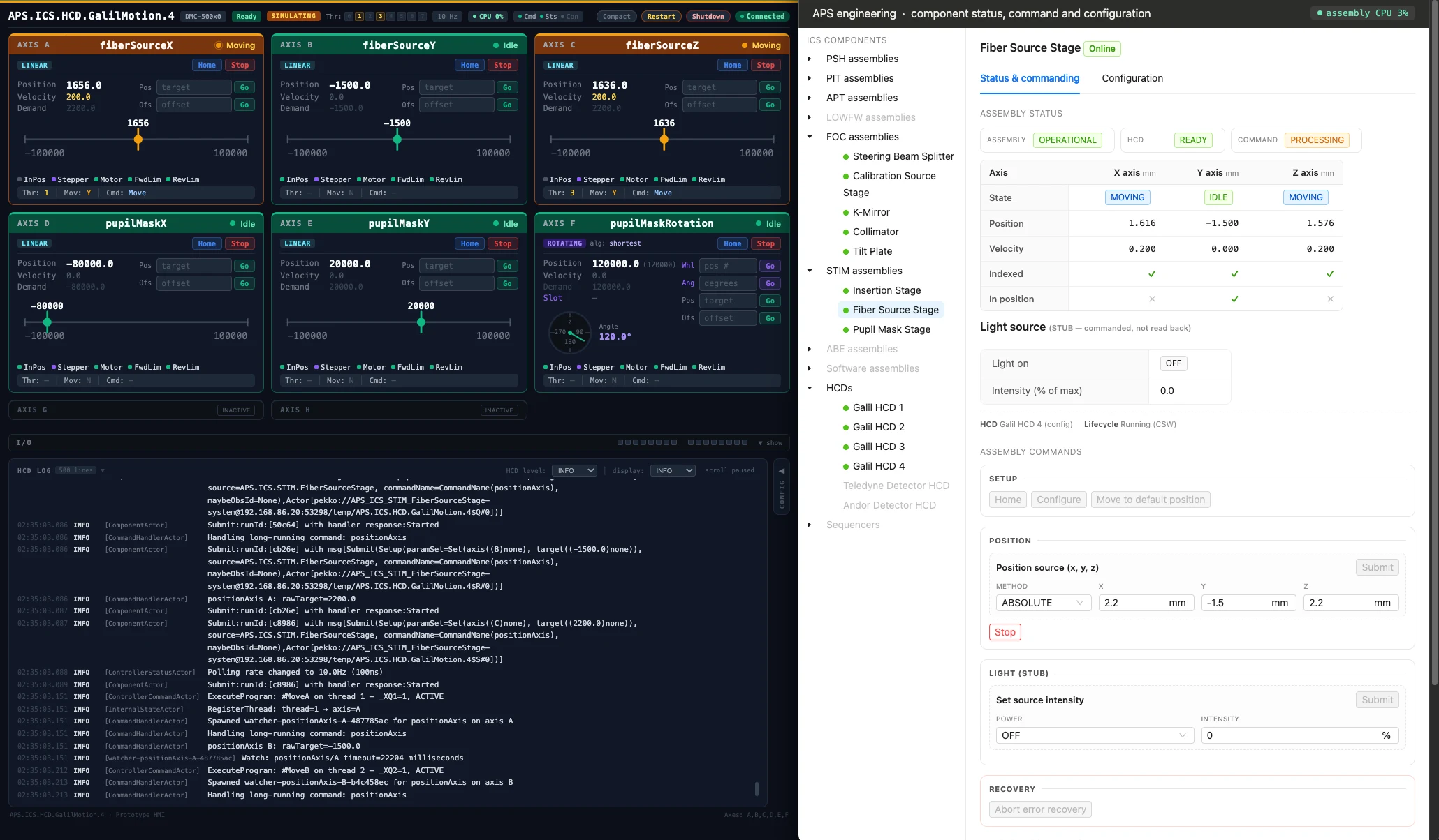 Engineering user interface for the GalilMotion HCD showing axis status and controls
