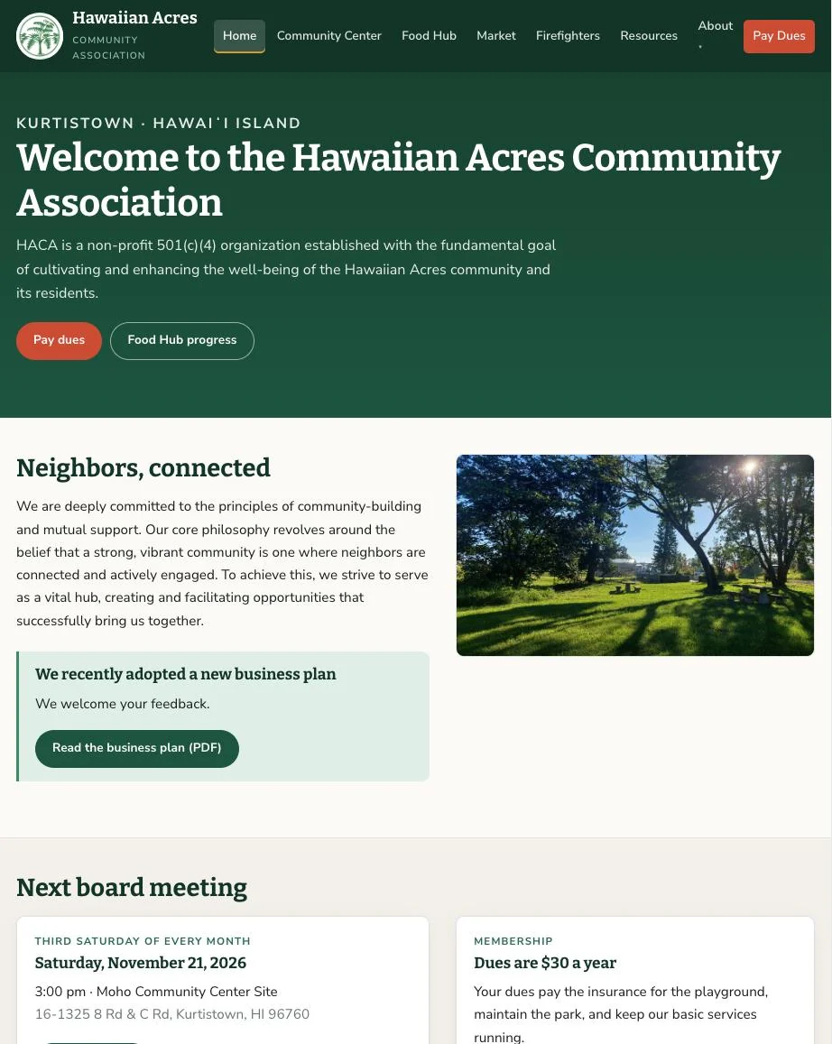 The rebuilt home page: a clear headline, a photograph of the community park, and cards for the next board meeting and dues.