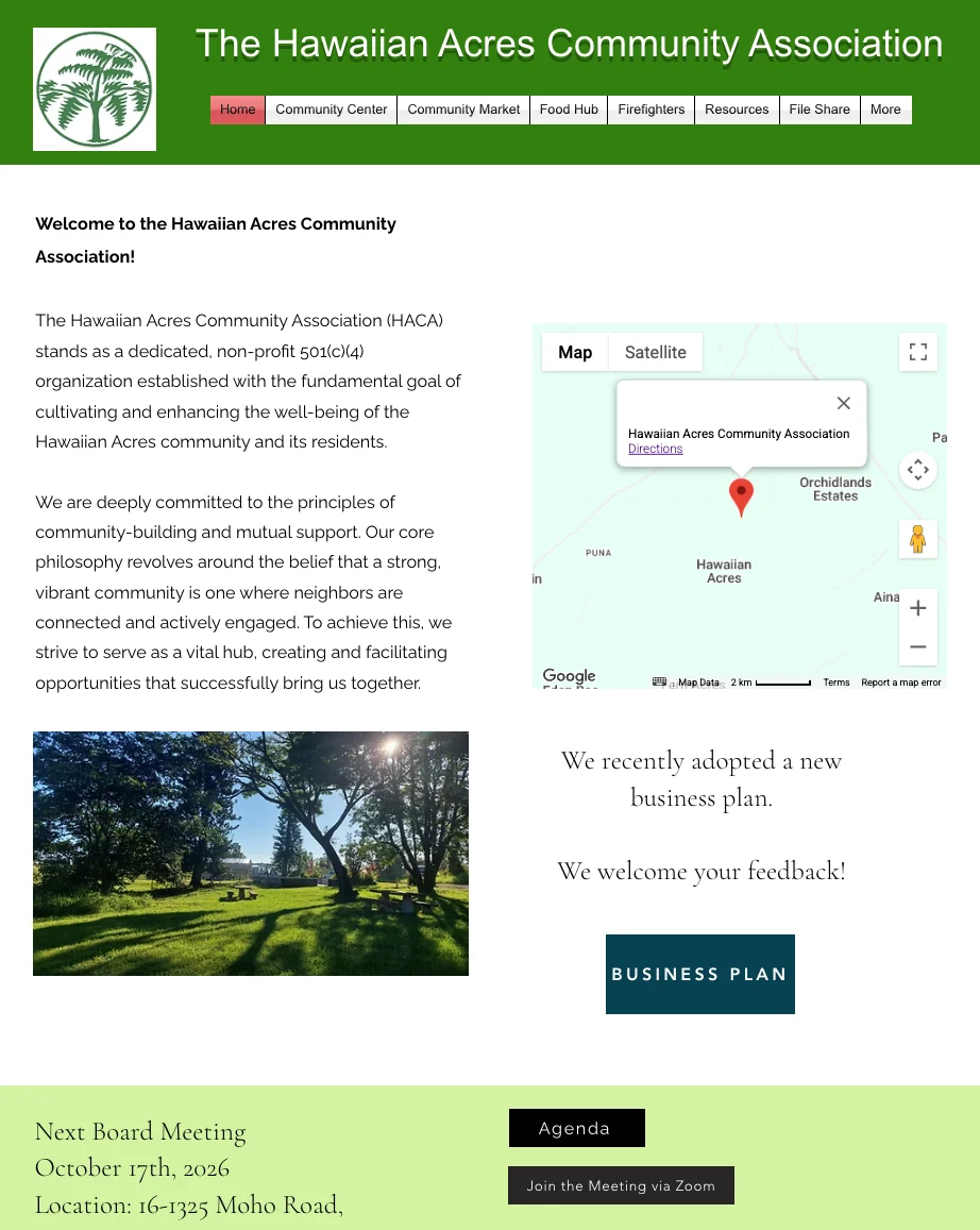 The association's old Wix home page: a green banner, a dense paragraph of text, and an embedded map.